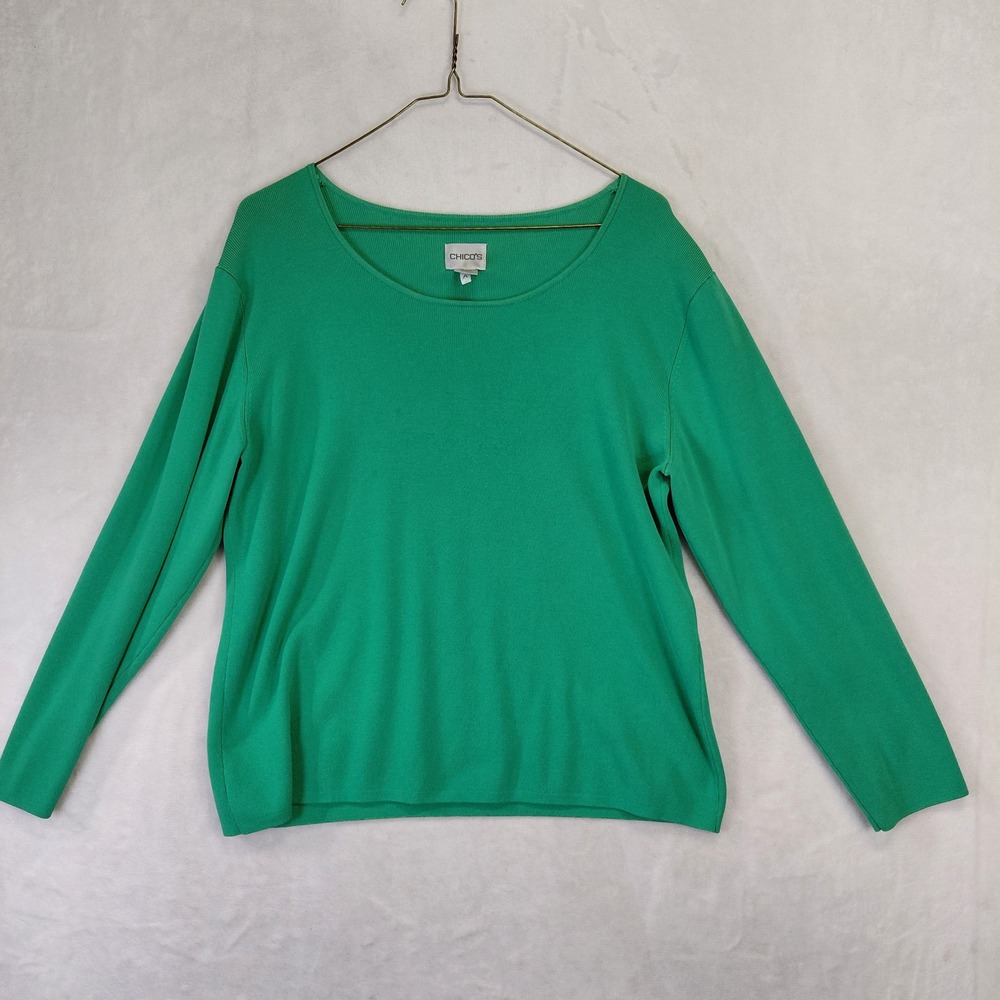 Chicos Green Silk Blend Scoop Neck Long Sleeve Knit Sweater Top Size 2 L
